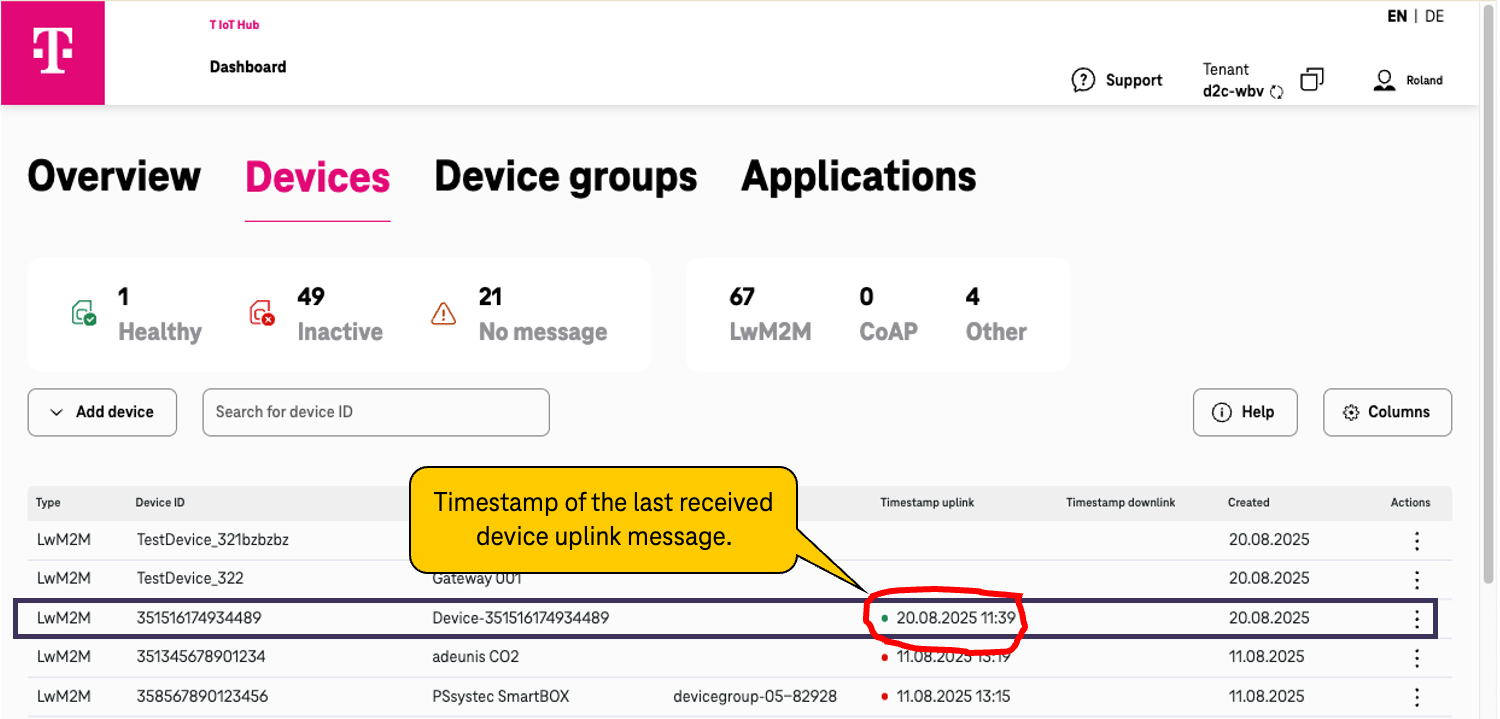 D2C GUI with list of devices and the timestamp of the last received message